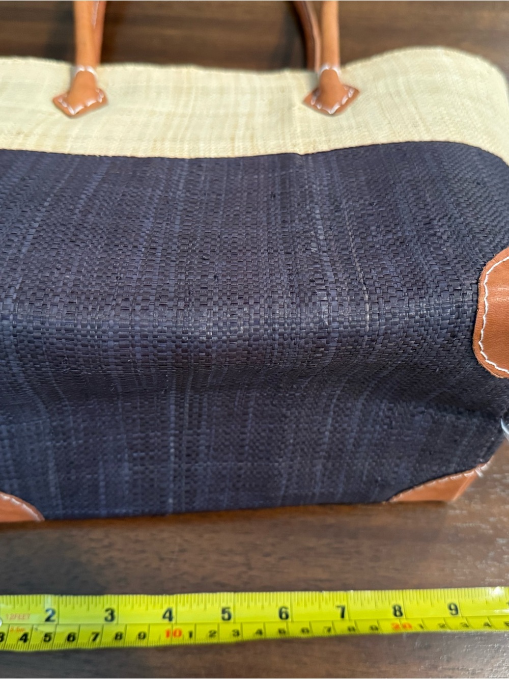 NWT Artisan Handwoven Madagascar Raffia Colorblock Market Tote Leather Trim Bag - Picture 8 of 10